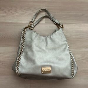 Bebe Colette Triple Entry Silver Metallic Hobo Bag Purse w/ Gold Chain